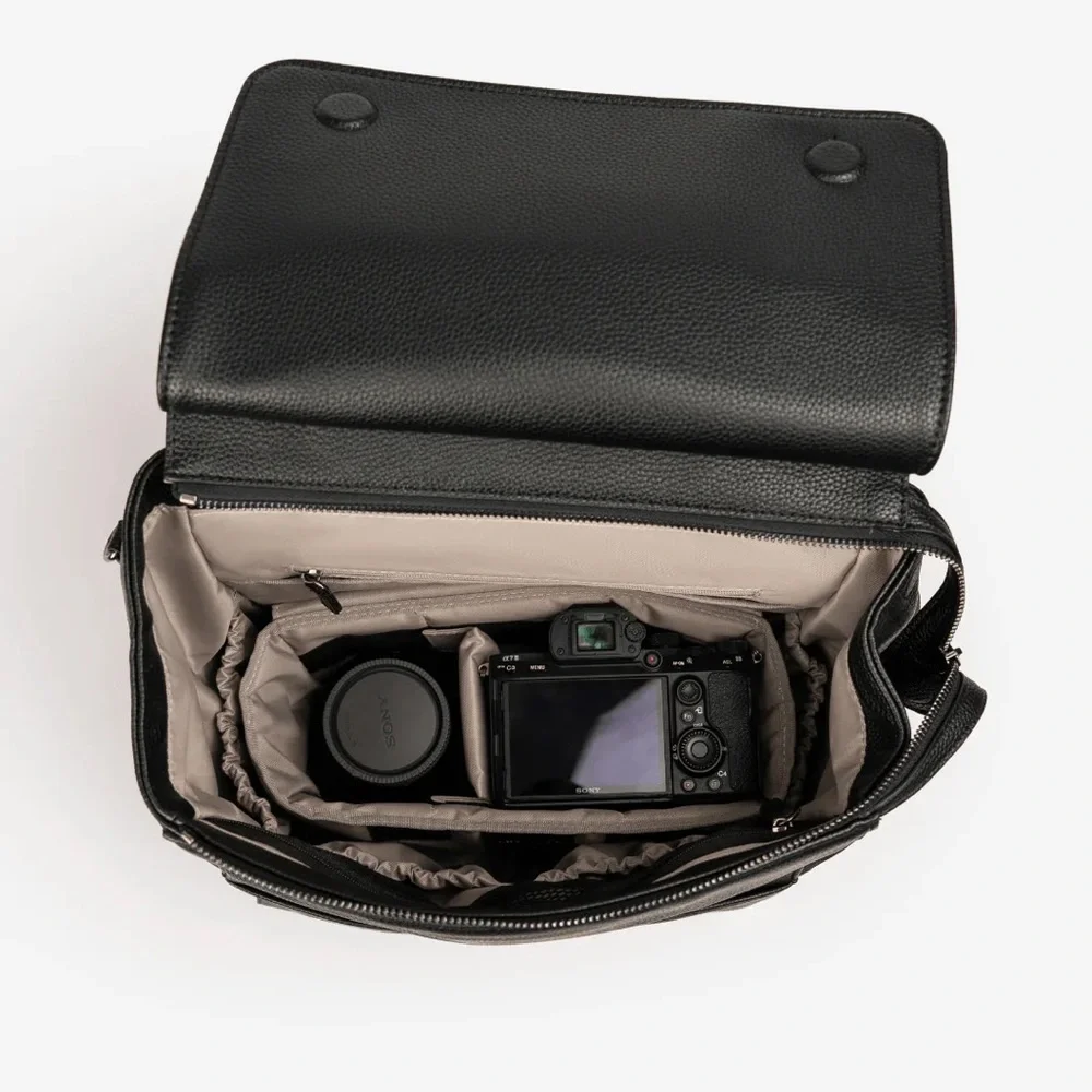 Black Leather Camera Backpack Bag - Stylish Photo & Video Case